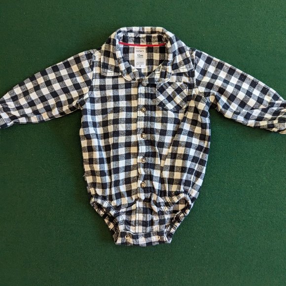 Carter's Boy's Flannel Black and White Plaid Onesie/Bodysuit 12 Months 💙 - Picture 1 of 3
